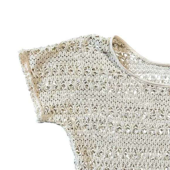 COLZA ivory/off white open knit short sleeve crop shirt size Large - Picture 2 of 4